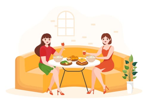 People Eating in Restaurant Greek Cuisine Delicious Dishes Traditional or National Food in Hand Drawn Flat Cartoon Template Illustration