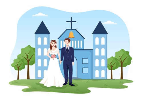 Wedding Ceremony in the Cathedral Catholic Church Building with the Happy Couple in Flat Cartoon Hand Drawn Template Illustration