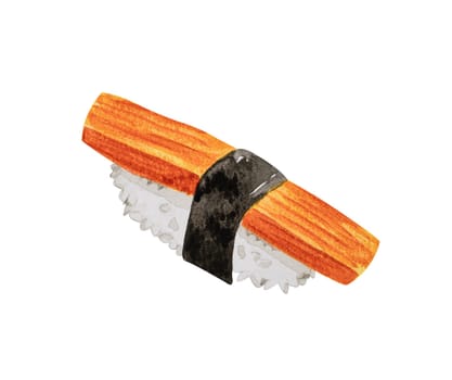 Kanikama crab sticks nigiri sushii, Japanese food. Watercolor hand drawn illustration isolated on white background.