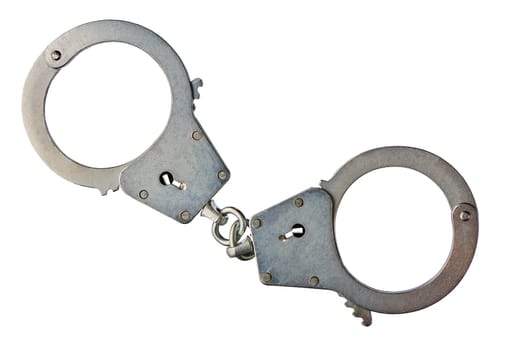 Metal handcuffs on a white isolated background, copy space. High quality photo