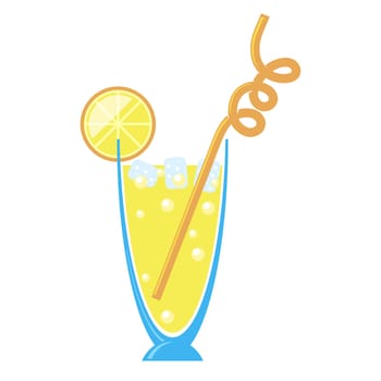Yellow cocktail with orange slice. An illustration of classical drink with ice in blue glass. Summer cold carbonated alcohol beverage with straw.