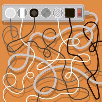 Electrical wires and chargers on orange background. A mess of cables from several extension cords. Cable management.