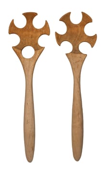wooden african salad servers isolated against white background