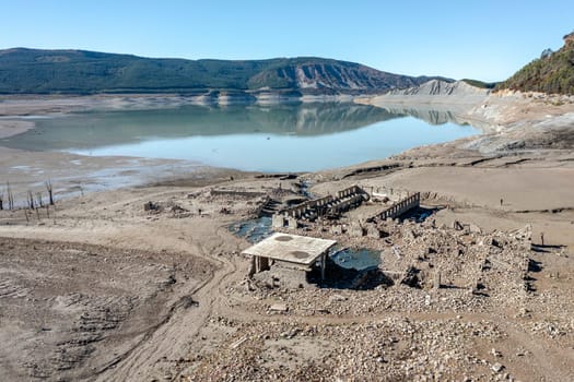 Tiermas, Spain - November 10, 2022: The Termas de Tiermas Embalse de Yesa, Zaragoza. You can only enjoy a few days and after a dry summer, the rest of the year is covered by the Reservoir.