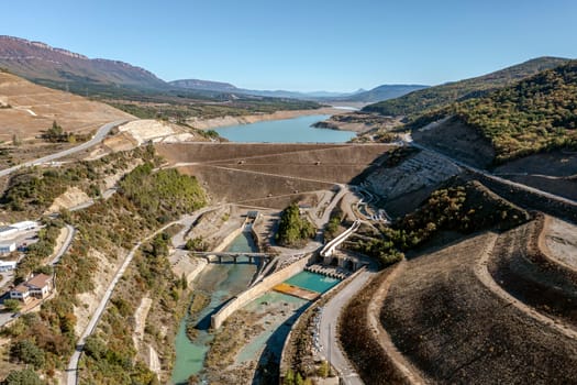 Reservoir of Yesa in Zaragoza province Spain, with water level due to little rain