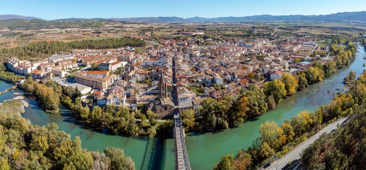 Panoramic aerial view of Sanguesa city and Spanish municipality of the Comunidad Foral de Navarra. Its average population is 5002 inhabitants.