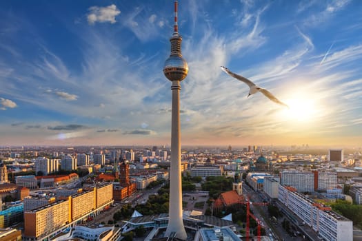 Aerial panorama of Berlin at sunset, downtown with the skyscrappers and the bridges, Germany.