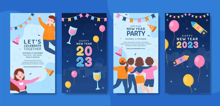 Happy New Year Celebration Social Media Stories Flat Cartoon Hand Drawn Templates Illustration
