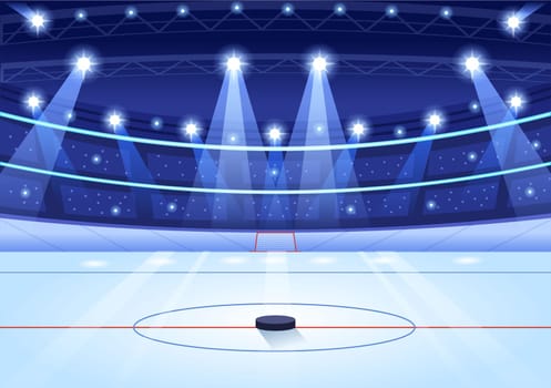 Ice Hockey Player Sport with Helmet, Stick, Puck and Skates in Ice Surface for Game or Championship in Flat Cartoon Hand Drawn Templates Illustration