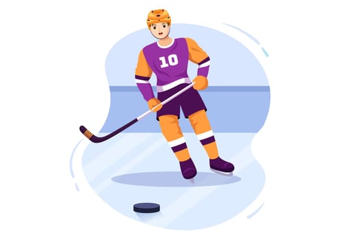 Ice Hockey Player Sport with Helmet, Stick, Puck and Skates in Ice Surface for Game or Championship in Flat Cartoon Hand Drawn Templates Illustration