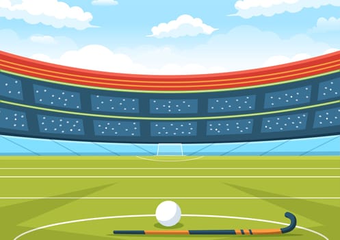 Hockey Player Sport with Helmet, Stick, Puck and Skates on Green Field for Game or Championship in Flat Cartoon Hand Drawn Templates Illustration