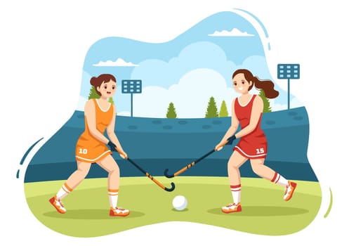 Hockey Player Sport with Helmet, Stick, Puck and Skates on Green Field for Game or Championship in Flat Cartoon Hand Drawn Templates Illustration