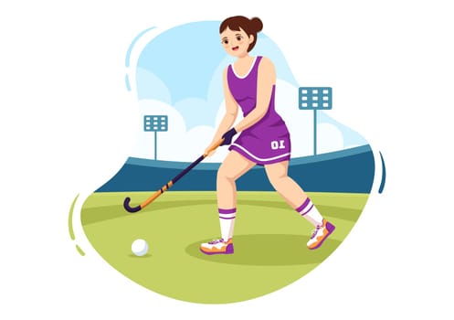 Hockey Player Sport with Helmet, Stick, Puck and Skates on Green Field for Game or Championship in Flat Cartoon Hand Drawn Templates Illustration