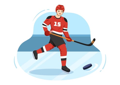 Ice Hockey Player Sport with Helmet, Stick, Puck and Skates in Ice Surface for Game or Championship in Flat Cartoon Hand Drawn Templates Illustration