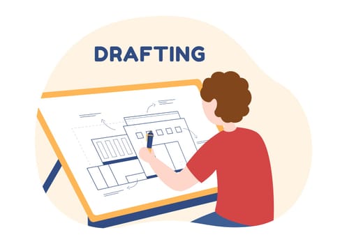 Drafting, Engineer or Architect Working on Drawing Board Projecting and Draft in Flat Cartoon Hand Drawn Templates Illustration