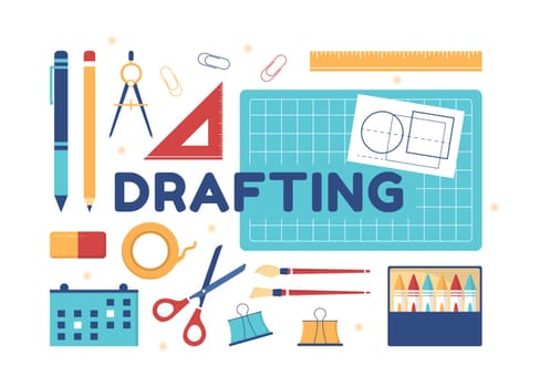 Drafting, Engineer or Architect Working on Drawing Board Projecting and Draft in Flat Cartoon Hand Drawn Templates Illustration