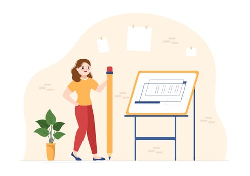 Drafting, Engineer or Architect Working on Drawing Board Projecting and Draft in Flat Cartoon Hand Drawn Templates Illustration