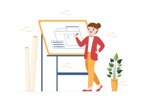 Drafting, Engineer or Architect Working on Drawing Board Projecting and Draft in Flat Cartoon Hand Drawn Templates Illustration