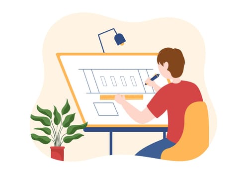 Drafting, Engineer or Architect Working on Drawing Board Projecting and Draft in Flat Cartoon Hand Drawn Templates Illustration