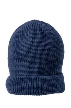 Dark blue fashionable knitted Rapper, Beanie or Baseball hat or cap isolated on white background. Macro. Fishing or Dockworkers hood. Label space.