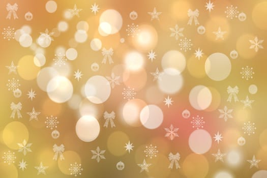 A festive abstract delicate Happy New Year or Christmas background texture with colorful gold yellow pink blurred bokeh lights and stars. Space for design. Card concept or advertising.