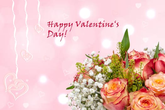 Happy Valentines Day greeting card or banner. Decorative bouquet of roses flowers over abstract light pink hearts background with Valentine text. Theme love.