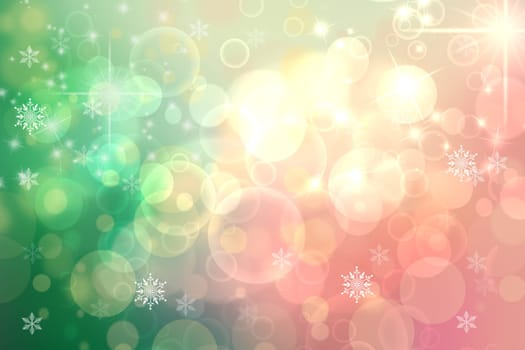 A festive abstract green orange yellow background texture with glitter defocused sparkle bokeh circles and stars. Card concept for Happy New Year, party invitation, valentine or other holidays.
