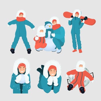 people spend time on the street in winter. Winter entertainment. A woman in a blue overall with a snowboard and snow.