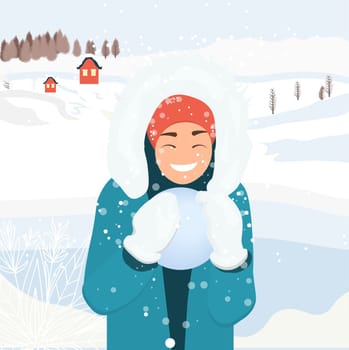 people spend time on the street in winter. Winter entertainment. A woman in a blue overall with a snowball
