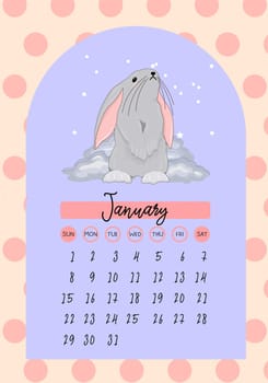 calendar for 2023 Year of the Rabbit. Vector calendar template vertical A4 format