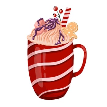Red ceramic cup with hot chocolate, cream and marshmallows. Caramel stick, cookies and cinnamon. Winter cappuccino. Latte in a red cup.