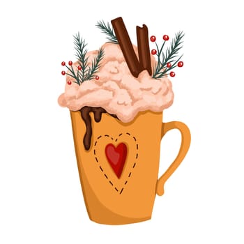 Ceramic cup with hot chocolate, cream and marshmallows. Cinnamon stick, and cinnamon. Winter cappuccino. Latte in a cute cup.