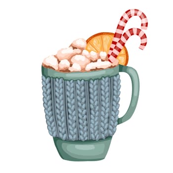 Ceramic cup with hot chocolate, cream and marshmallows. Cinnamon stick, and cinnamon. Winter cappuccino. Latte in a cute cup.