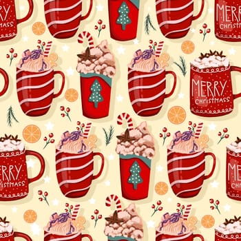 Wrapping paper with Christmas cups. Hot winter drink with marshmallows and cream. Cozy seamless pattern in hygge style. Christmas ornament.