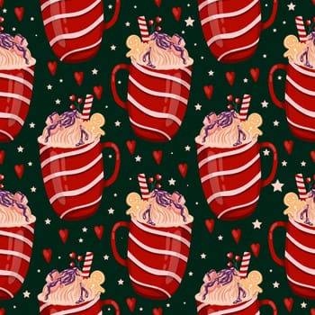Wrapping paper with Christmas cups. Hot winter drink with marshmallows and cream. Cozy seamless pattern in hygge style. Christmas ornament.
