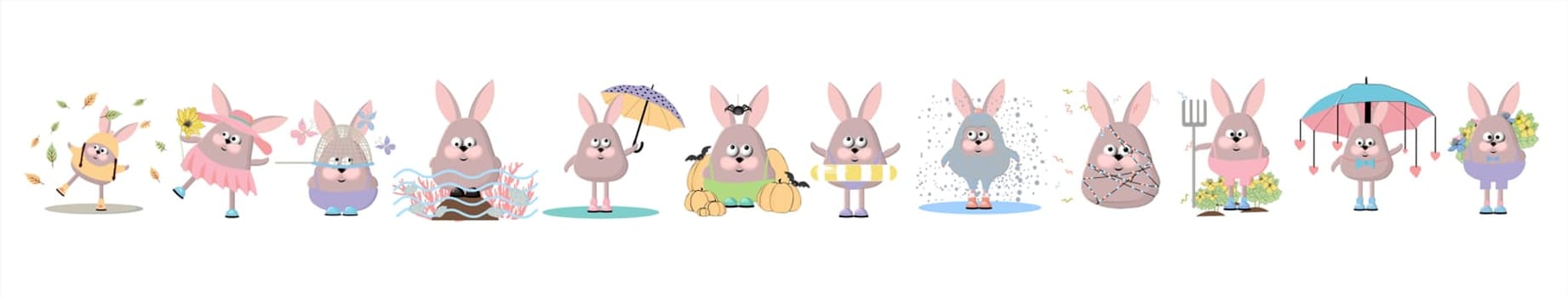 Rabbits characters in different costumes. Seasons clothing.Symbol of 2023 rabbit.