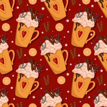 Wrapping paper with Christmas cups. Hot winter drink with marshmallows and cream. Cozy seamless pattern in hygge style. Christmas ornament.