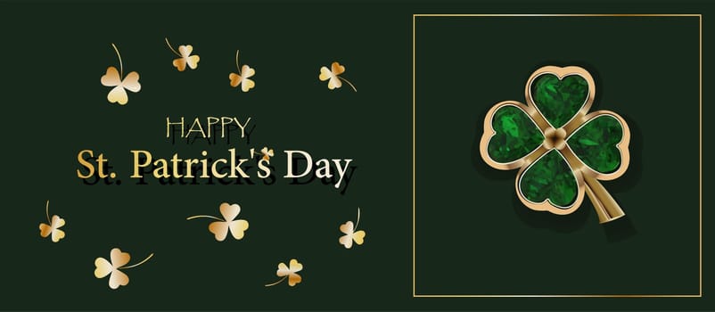 CLOVER SHEET on a green background. JEWELERY. Golden clover. Chic postcard for Saint Patricks Day. Horizontal format.