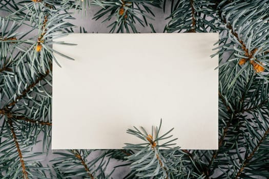 Background creative image with close up texture of fir branches with sheet of white cardboard in middle. Merry christmas and happy new year. Top view. Copy space