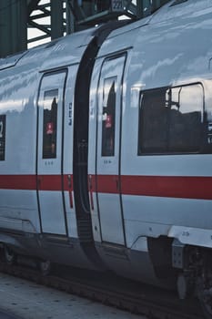 Closeup of the wagon and the door of a German express train in Cologne, Germany