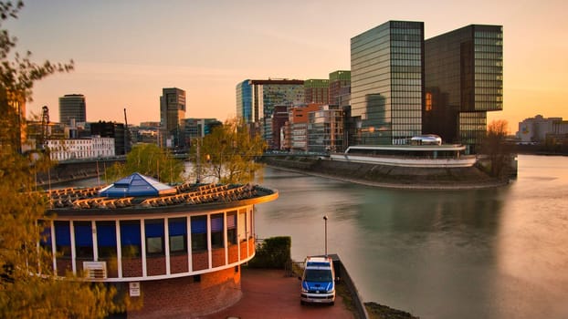 Police station at Duesseldorf Media Harbor and view into the inner harbor in Duesseldorf, Germany