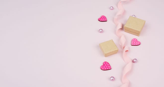 Valentines day holiday greeting cars with little gift boxes, hearts and perls, love and emotion, pastel colored