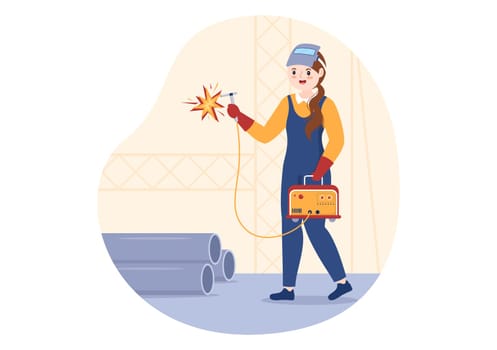 Welding Service with Professional Welder Job Weld Metal Structures, Pipe and Steel Construction in Flat Cartoon Hand Drawn Templates Illustration