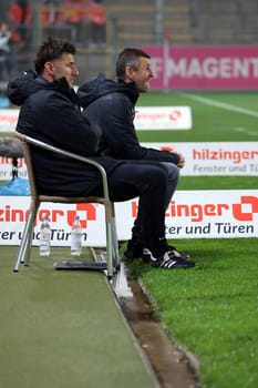 Coach Michael Köllner (TSV 1860 München/right) on the coaching chair at the game of the 3rd FBL: 22-23: 16. TSV 1860 München.. DFL REGULATIONS PROHIBIT ANY USE OF PHOTOGRAPHS AS IMAGE SEQUENCES AND/OR QUASI-VIDEONann.. Photo: Joachim Hahne/johapress