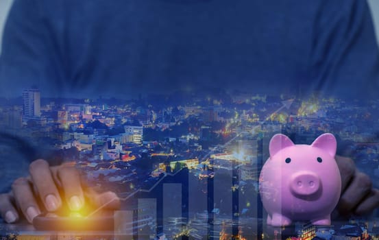 Duoble Exposure, Internet Banking Savings Concept, Online Investment Savings, Online Stock Investors, Internet Financial Transactions, Save Monney for Investors Using Internet to Trade Stocks or Trade Fund