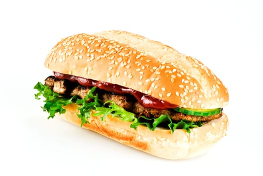Ribeye steak in sesame seed bun isolated over white background