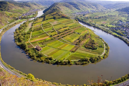 View of a riverbend of the Moselle River in the Eifel village of Bremm in Germany in summer. Seen from the Calmont vineyards with blue sky.