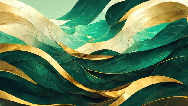 Green and gold trendy gradient abstract waves full frame horizontal.