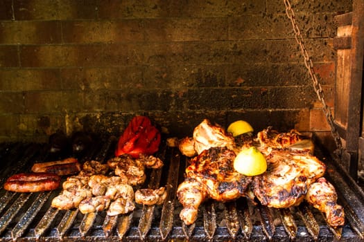 Delicious Barbecue, chicken, sweetbread, sausages.