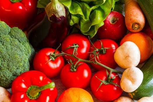 Vegetables and fruits background, close up.
